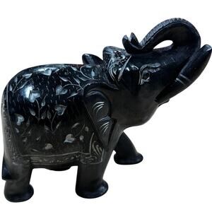 Marble Black Stone Elephant Rare Hand Carved Floral Carvings HEAVY EUC